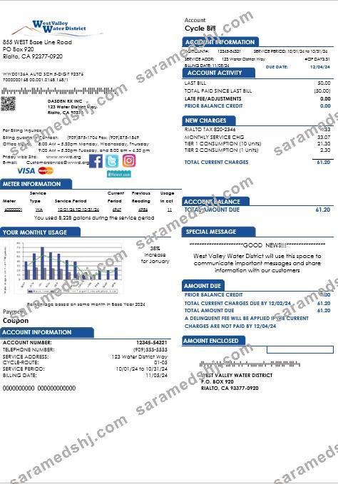 USA California West Valley Water District business utility bill template in Word and PDF formats